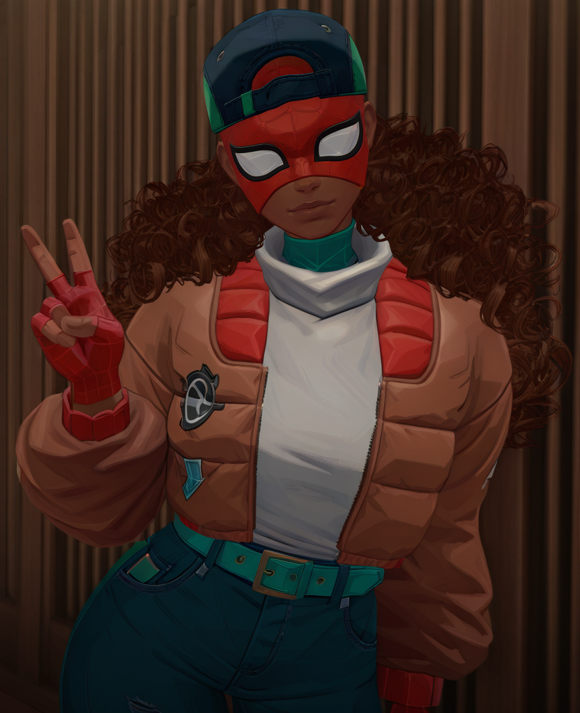 masterpiece, best quality, amazing quality, highres, absurdres, intricate detail, solo, sz1, 1girl, brown hair, curly hair, long hair, dark-skinned female, baseball cap, mask, jacket, undershirt, turtleneck, jeans, belt, looking at viewer, fingerless gloves,  <lora:Spider_Zero_IILUS-000009:0.8>, portrait, leaning to the side, peace sign, v