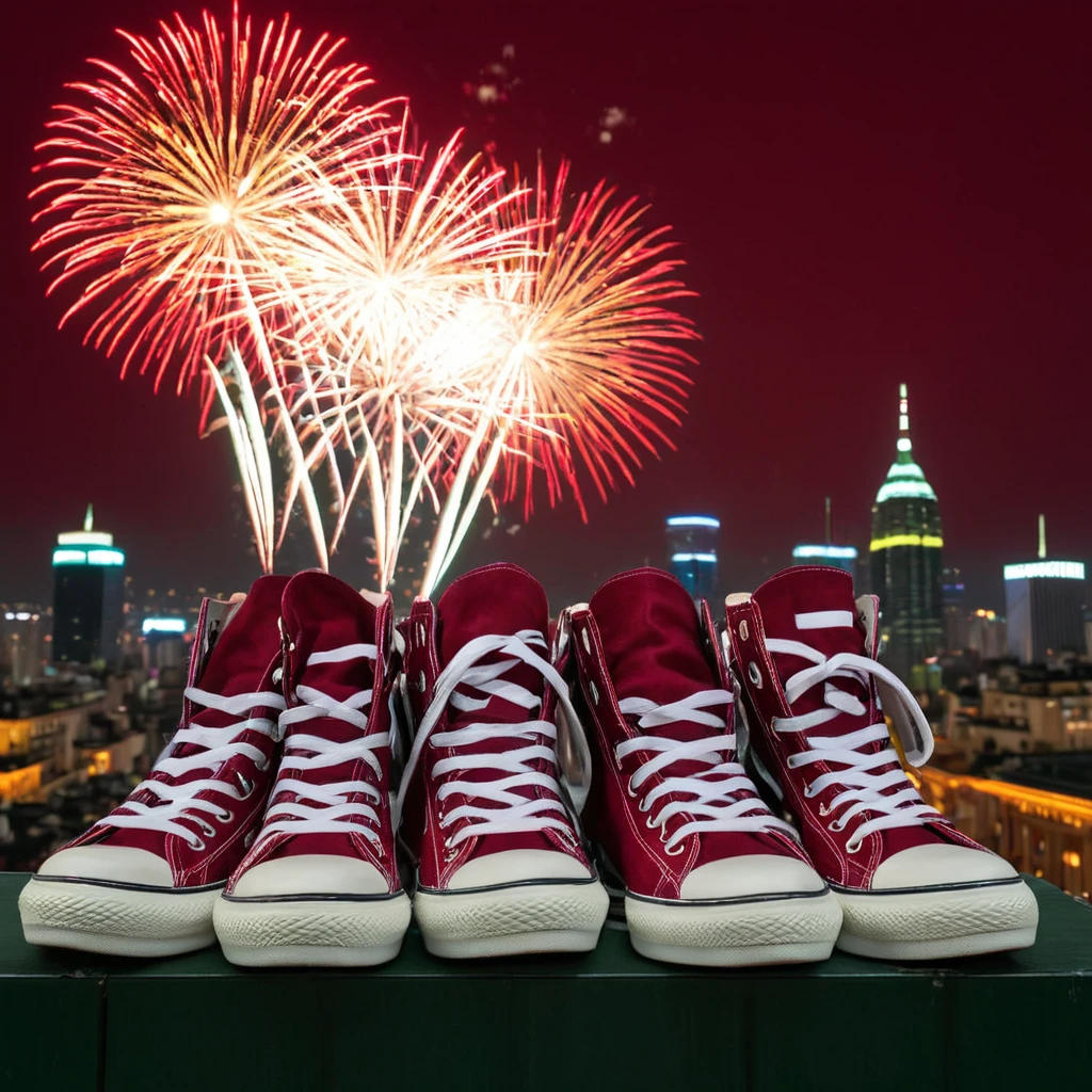 (shoes showcase) <lora:08_shoes_showcase:1.1>
Maroon background,
high quality, professional, highres, amazing, dramatic,
(Big city rooftop and New Year's Eve fireworks:0.5),