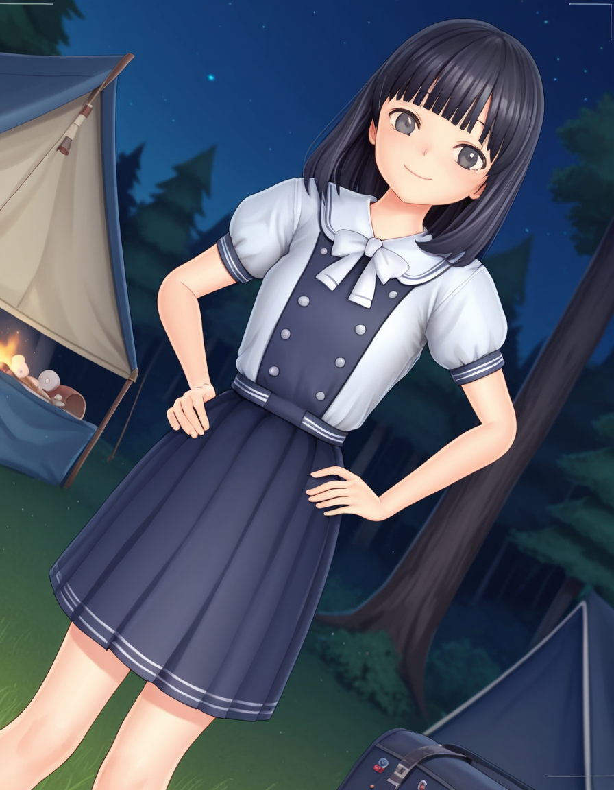 score_9, score_8_up, score_7_up, source_anime, <lora:rinze-himenogi-ingame-ponyxl-lora-nochekaiser:1>, rinze himenogi, bangs, black hair, blunt bangs, black eyes, 3d, skirt, dress, school uniform, short sleeves, puffy sleeves, black dress,, camping, bonfire, tent, stargazing, marshmallows, forest clearing, night, smile, , smug, hand on hips,, solo,, dutch angle,