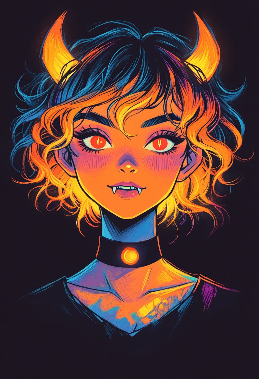 score_9, score_8_up, score_7_up, score_6_up, s1_dram, ncpy13 style, pastels drawing, deep black background, source_anime, BREAK, 
anime girl, Halloween themed demoness, pale orange skin, fiery orange hair in messy waves, devilish horns, glowing red eyes, sharp fangs, black choker with silver charms, gothic outfit with torn lace, thigh-high black boots, short skirt with pumpkin patterns, bat wings, blackened fingertips, long tail tipped with a spade, mischievous smirk, glowing jack-o-lantern by her side, ghostly mist swirling around, black cat familiar at her feet, intense purple blush, eerie glowing tattoos on her arms, sinister pose, playful but menacing, looking directly at viewer, dramatic lighting, silver light shafts, moonlight, dark background, portrait, cool color palette, s1_dram, ncpy13 style, pastels drawing