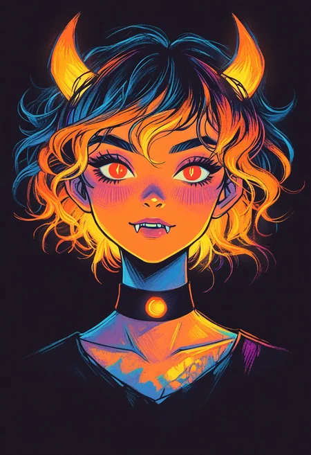 score_9, score_8_up, score_7_up, score_6_up, s1_dram, ncpy13 style, pastels drawing, deep black background, source_anime, BREAK,
anime girl, Halloween themed demoness, pale orange skin, fiery orange hair in messy waves, devilish horns, glowing red eyes, sharp fangs, black choker with silver charms, gothic outfit with torn lace, thigh-high black boots, short skirt with pumpkin patterns, bat wings, blackened fingertips, long tail tipped with a spade, mischievous smirk, glowing jack-o-lantern by her side, ghostly mist swirling around, black cat familiar at her feet, intense purple blush, eerie glowing tattoos on her arms, sinister pose, playful but menacing, looking directly at viewer, dramatic lighting, silver light shafts, moonlight, dark background, portrait, cool color palette, s1_dram, ncpy13 style, pastels drawing