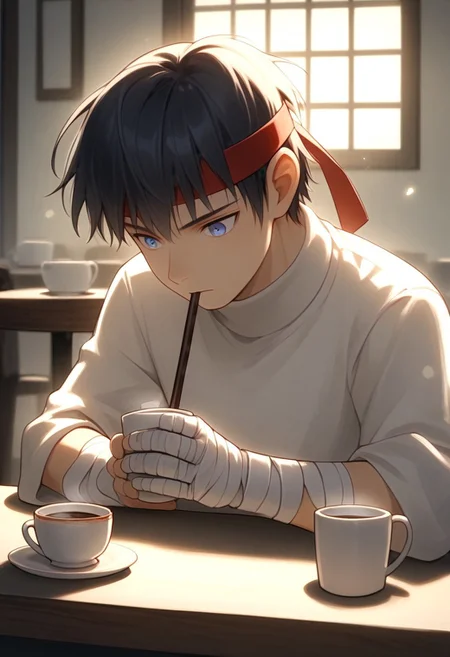 score_9, score_8_up, score_7_up, watercolor (medium),1boy, solo, cestanim, cestvs, red headband, short black hair, bangs, blue eyes, bandaged hands, black turtleneck, white pants, indoors, cafe, table, drinking, coffee, pastries, (warm lighting:2)