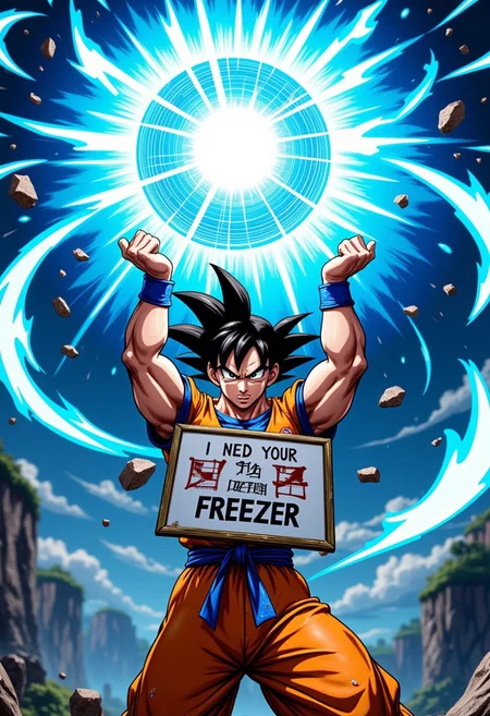 Goku from dragon ball with his two arm withh opne hands raised casting a huge massive blue ball of energy, he is battered and hurt and is saying in a bubble chat,damage clothes,Goku is holding a huge sign in one hand that reads "I NEED YOUR BUZZ TO DEFEAT FREEZER"