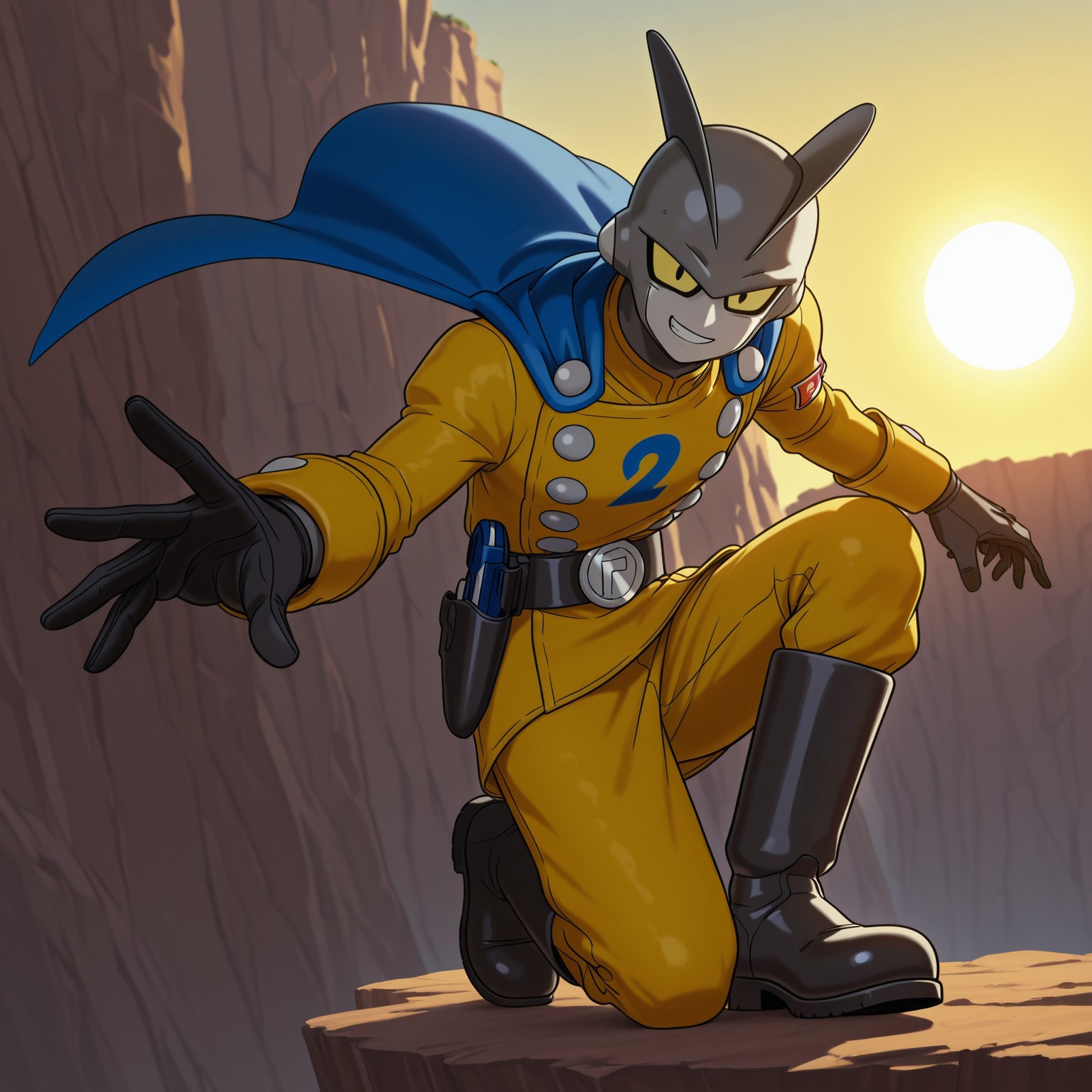 1boy, 2d, solo, DBSGamma2, male, android, humanoid, dark gray skin, light gray skin, two tone skin, yellow sclera, black pupils, two fins on head, Yellow uniform, yellow pants, long sleeves, black gloves, black boots, blue cape, gray buttons, belt, belt buckle, gun holster 

BREAK on one knee, looking at viewer, extending hand towards viewer, grinning, outside, sunny day, sun, low angle view, on cliff

BREAK best quality, amazing quality, very aesthetic, absurdres, newest, masterpiece, high quality, highres