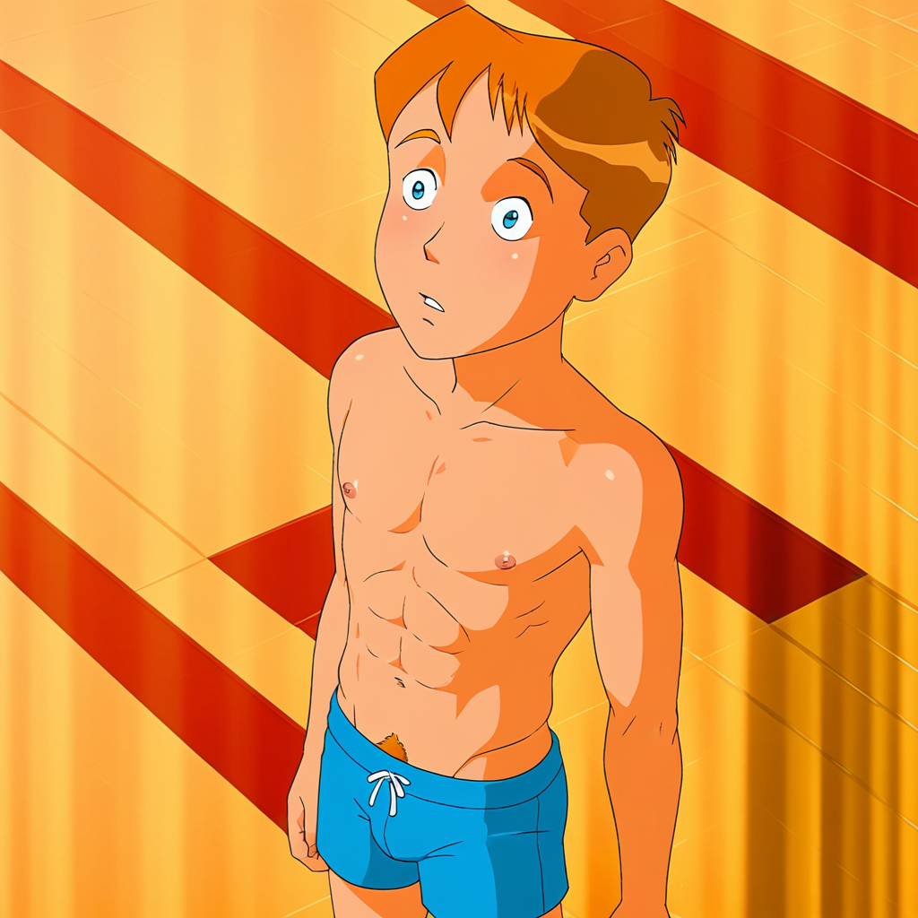 embedding:Pony\Positive\zPDXL3, masterpiece, best quality, good quality, male focus, jason_hightower_totally_spies, solo, aged up, 18 years old, 1boy, mature male, mature man's body, male focus, high resolution, slim body, outdoors, beach, sand, coney island, large head, wide head, short hair, reddish-orange hair, reddish-orange eyebrows, blue eyes, reddish-orange sideburns, reddish-orange thin goatee, topless male, blue swimtrunks, beach background, barechest, pectorals, nipples, navel, abs, pubic hair