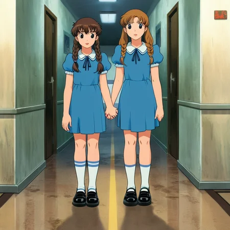 anime artwork of <lora:perfection style:0.5> <lora:detailed:0.5> perfection detailed
<lora:The Shining film style:0.9> In cartoon
In the 1980's in the Colorado Rocky Mountains two twin sisters in dresses standing in a hallway,long hair,brown hair,dress,2girls,standing,short sleeves,shoes,socks,black footwear,blue dress,holding hands,siblings,twins,horror (theme) , cinematic, film, kodak, The Shining film style, anime style, key visual, vibrant, studio anime, highly detailed