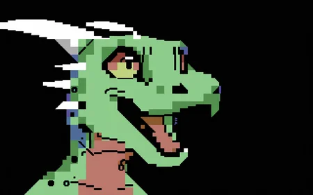 <lora:petscii:1.0> petscii, masterpiece, best quality, solo, kobold, headshot portrait, green scales, white horns, yellow eyes, black background, open mouth, excited, countershade neck,