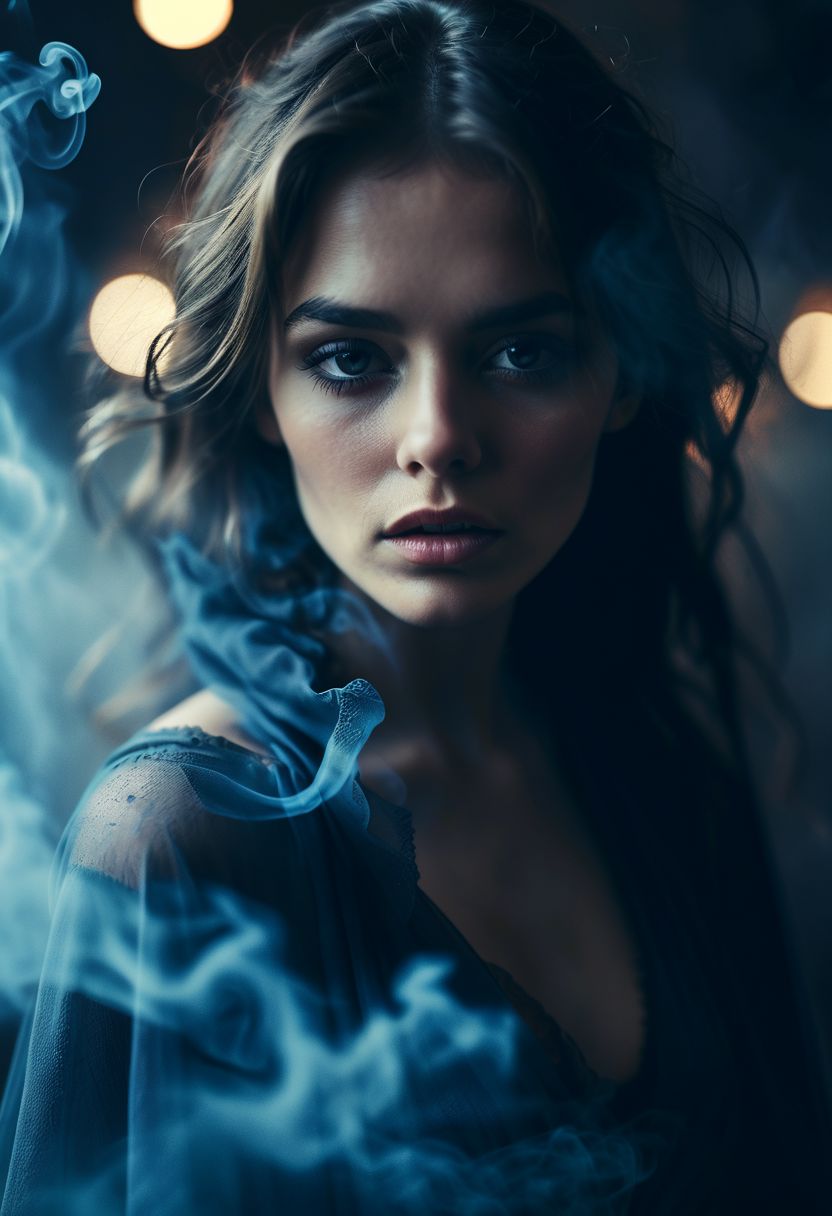 glamour portrait photo, macro, a captivating vibrant mysterious woman, broken cape, surrounded by smoke, ethereal, smoky backdrop. throwing a translucent black/tanslucent black/blue fade, 100mm f/2.8 macro lens, atmospheric haze, Film grain, cinematic film still, shallow depth of field, highly detailed, high budget, cinemascope, moody, epic, OverallDetail, gorgeous, 2000s vintage RAW photo, photorealistic, candid camera, color graded cinematic, eye catchlights, atmospheric lighting, imperfections, natural, shallow dof
