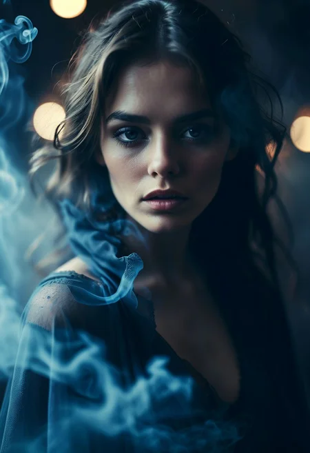 glamour portrait photo, macro, a captivating vibrant mysterious woman, broken cape, surrounded by smoke, ethereal, smoky backdrop. throwing a translucent black/tanslucent black/blue fade, 100mm f/2.8 macro lens, atmospheric haze, Film grain, cinematic film still, shallow depth of field, highly detailed, high budget, cinemascope, moody, epic, OverallDetail, gorgeous, 2000s vintage RAW photo, photorealistic, candid camera, color graded cinematic, eye catchlights, atmospheric lighting, imperfections, natural, shallow dof