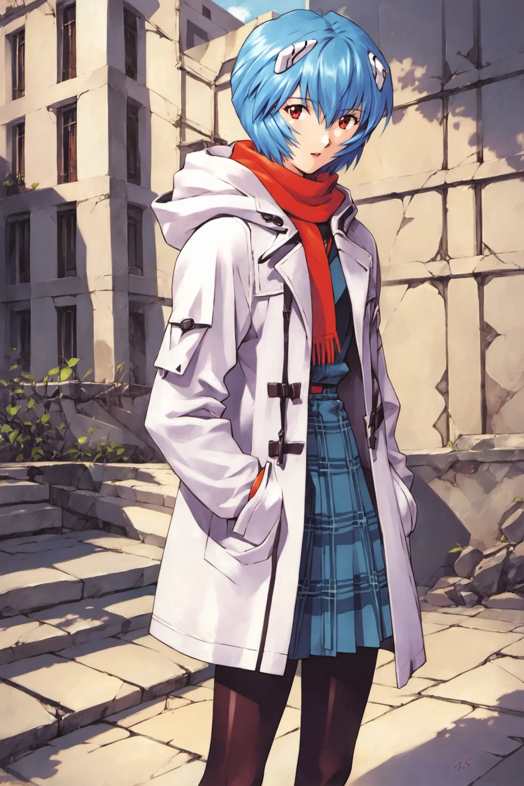 1girl,solo,ayanami rei,ruins,blue hair,coat,red eyes,skirt,plaid,hood,short hair,pantyhose,standing,plaid skirt,hood up,white coat,outdoors,building,looking at viewer,signature,long sleeves,scarf,hair between eyes,hooded coat,bangs,city,open coat,parted lips,score_9,score_8_up,<lora:Sadamoto Yoshiyuki_XL_PONY:0.9>,