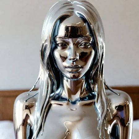 (melting dripping liquid metal chrome girl statue made of liquid metal chrome :.1), silver straight hair, looking at camera, bed room background
best quality, ultra realistic, 8k, 4k, highres, raw photo, real, analog style