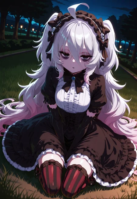 1girl, Shadwo, black eyes, white hair, grey hair, very long hair, messy hair, hair between eyes, ahoge, small breasts, bags under eyes, gothic hair, two side up, hair bows, multiple hair bows, gradient hair, multicolored hair, black streaked hair, masterpiece, best quality, absurdres,
(gothic theme, lolitafashion:1.2), gothic lolitafashion, gothiclolita, gothic lolitadress, victorian dress, gothic, dark, moody, puffy dress, petticoat, puffy sleeves, dark colors, frilled skirt, gothic thighhighs, striped thighhighs, gothic dress, elbow gloves, gothic headdress, too many bows, multiple bows, too many frills, frilled fabric, center frills, gothic lolitashoes,
black lipstick, black lips, long eyelashes, eyeshadow, eyeliner, mascara, gothic makeup,
outdoors, nature, park, night, dark environment, fog,
solo, sitting, kneeling, on grass, full body, dynamic pose, dutch angle, looking at viewer, v arms, hands on lap, half-closed eyes, closed mouth, expressionless,
intricate, highly detailed, majestic, shallow depth of field, movie still, circular polarizer