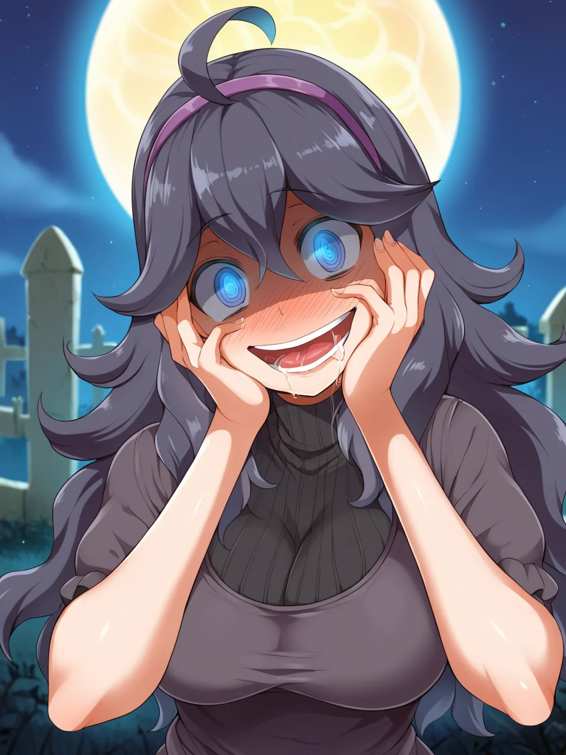 score_9, source_anime, score_8_up, score_7_up, 1girl, breasts, blurry background, <lora:MaronMaronCE:.8> maronmaronce, uncensored, hex maniac, cemetery, head tilt, smile, open mouth, drool, shaded face, glowing eyes, night, blush, hands on own face