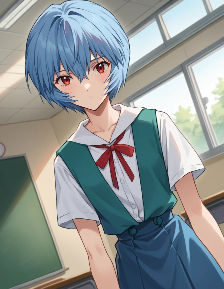score_9, score_8_up, score_7_up, source_anime, reiayanami, <lora:rei-ayanami-ponyxl-lora-nochekaiser:1>, rei ayanami, blue hair, short hair, red eyes, skirt, shirt, ribbon, school uniform, white shirt, short sleeves, red ribbon, neck ribbon, tokyo-3 middle school uniform, indoors, classroom, looking at viewer, cowboy shot, dutch angle, dynamic pose,
