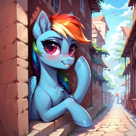 masterpiece, score_9, score_8_up, score_7_up, (best quality:1.1), ultra-detailed, high resolution, 1 girl, pony, highly detailed macro illustration, Rainbow Dash smiling, blushing, hooves on face, Rainbow Dash, feral, female, mare, cute, long eyelashes, outside, (((beautiful detailed eyes))), Long eyelashes, fluffy, ear fluff, long eyelashes, (cornering), taking cover, spying, wall, Highly Visible, (((8k))), sharp focus, perfect lighting, anatomically correct, extremely detailed, shine on body, (in the mlp town), high detail, cute face, suspicious facial expression, Expressiveh, detailed background, OverallDetail, zPDXL2, <lora:Corneringv1:0.8>