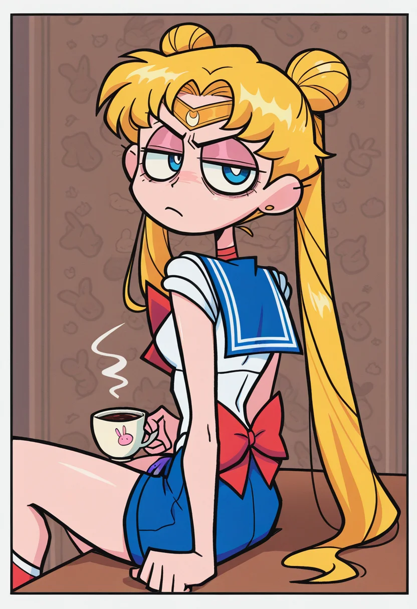 IllustriousQual, masterpiece, best quality, amazing quality, very aesthetic, absurdres, 1girl, solo, white border, animal background,
solo, having coffee, sitting, looking at viewer,, annoyed, bored, lowered eyelids,, from behind,
<lora:ValbunStyle-IL:0.9> valbun, source_anime, twintails, (\(sailor moon\):0.9) (tsukino usagi:0.9)