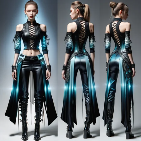 hyper detailed masterpiece, dynamic, awesome quality,DonMT3chW0rldXL tailored lower body clothing, levitating plating, slim fit, empire waist, ombre wash,,lace-up back,,slit details,,waistband <lora:DonMT3chW0rldXL-000009:1>