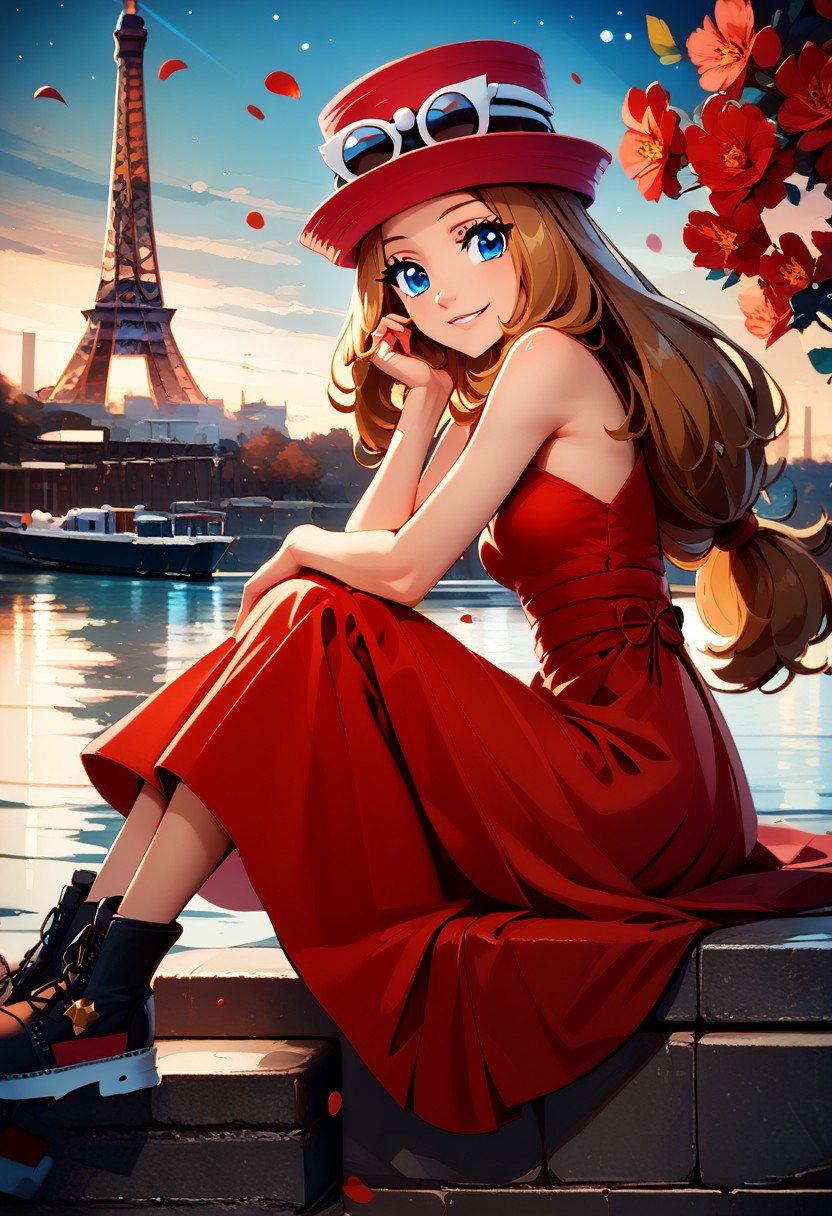 score_9, score_8_up, score_8, medium breasts, (curvy), cute, eyelashes,     
rating safe, 
BREAK,
 zzEiffelTower in background, zzSerena, solo, long hair, blue eyes, long hair, brown hair, hat, dress, bare shoulders, sitting, red dress, red headwear, watercraft, boat, sitting on wall, side view, looking at viewer, smile, BREAK, blooming stars, luminescent petals, otherworldly fragrance blurry background, 
BREAK,
smile, looking at viewer, 
abstract background, 
zPDXL, Expressiveh