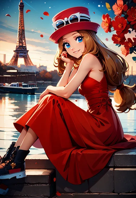 score_9, score_8_up, score_8, medium breasts, (curvy), cute, eyelashes,
rating safe,
BREAK,
zzEiffelTower in background, zzSerena, solo, long hair, blue eyes, long hair, brown hair, hat, dress, bare shoulders, sitting, red dress, red headwear, watercraft, boat, sitting on wall, side view, looking at viewer, smile, BREAK, blooming stars, luminescent petals, otherworldly fragrance blurry background,
BREAK,
smile, looking at viewer,
abstract background,
zPDXL, Expressiveh