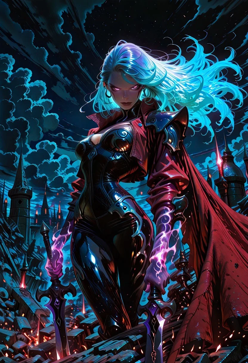 Hype4realistic, Studio Madhouse, masterpiece, very aesthetic, absurdres, 8k, Smo0thL1nes, lazypos,
solo, 1woman, from front, DS_Katarina, aqua blue hair, gradient hair, purple eyes, detailed eyes, realistic face, looking at viewer, right purple hand, glowing hand, holding one sword,
black chrome bodysuit, narrow waist, loose red cloak, fabric texture,
BREAK,
standing on top of a large mound of rubble,
view of a battlefield, thick layer of dark clouds cover the ground, night,
traditional media, western comics \(style\), vivid_color, high contrast, speed lines, move_effects,