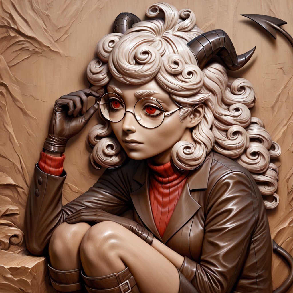 masterpiece, best quality, newest, absurdres, highres, WCILV1.0, wood, wood carving (medium), realistic, brown theme, monochrome, 1girl, pandemonica (helltaker), demon girl, horns, black horns, white hair, knee boots, gloves, demon tail, demon horns, black jacket, curly hair, glasses, round glasses, round eyewaer,