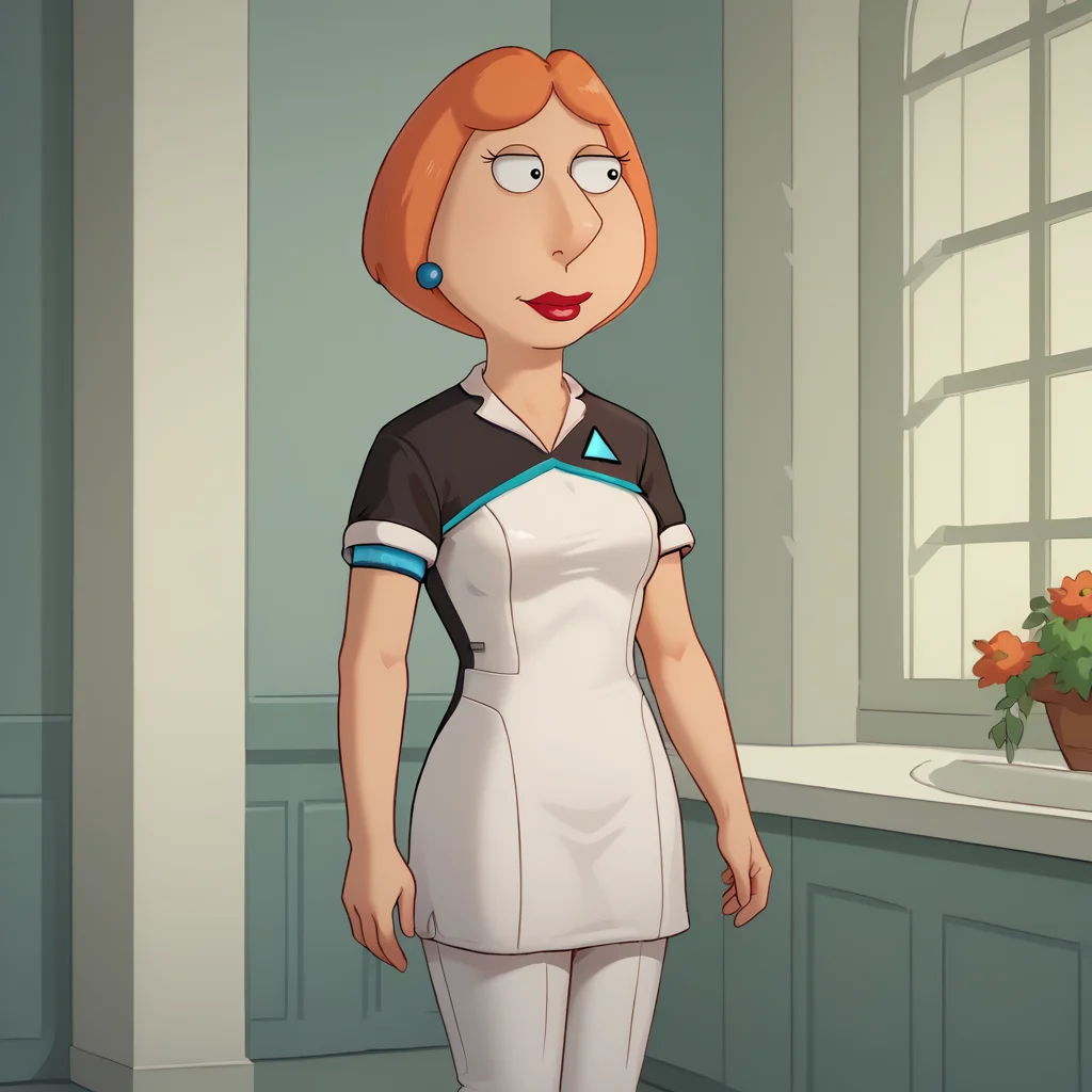 score_8_up, BREAK, lois, 1girl, blue earrings, jewelry, short hair, orange hair, solo, lipstick, <lora:LoisGriffinPon2.0:0.8>, ousekeeperOutfit, dress, short sleeves, white pants, <lora:HousekeeperAndroidOutfit_DBH__PXL_Leaf5:0.9>, cowboy shot,