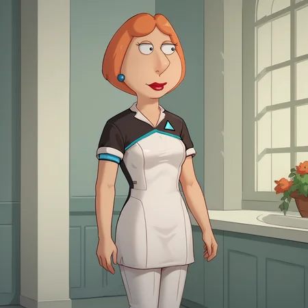 score_8_up, BREAK, lois, 1girl, blue earrings, jewelry, short hair, orange hair, solo, lipstick, <lora:LoisGriffinPon2.0:0.8>, ousekeeperOutfit, dress, short sleeves, white pants, <lora:HousekeeperAndroidOutfit_DBH__PXL_Leaf5:0.9>, cowboy shot,
