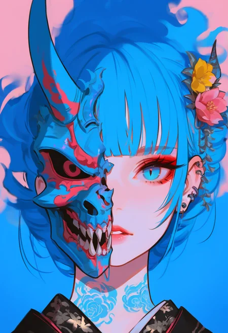 masterpiece, best quality, Good quality, very aesthetic, absurdres, newest, 1girl, solo, long_hair, looking_at_viewer, blue_eyes, simple_background, hair_ornament, red_eyes, jewelry, blue_hair, flower, earrings, parted_lips, horns, teeth, japanese_clothes, artist_name, blunt_bangs, hair_flower, kimono, english_text, tattoo, makeup, mask, piercing, facial_mark, floral_print, pink_background, portrait, fire, ear_piercing, pink_flower, single_horn, skull, yellow_flower, black_kimono, facial_tattoo, blue_fire, oni_mask, half_mask <lora:ponyv4_noob1_2_adamW-000017:0.7> <lora:USNR_STYLE_XL_lokr:1>