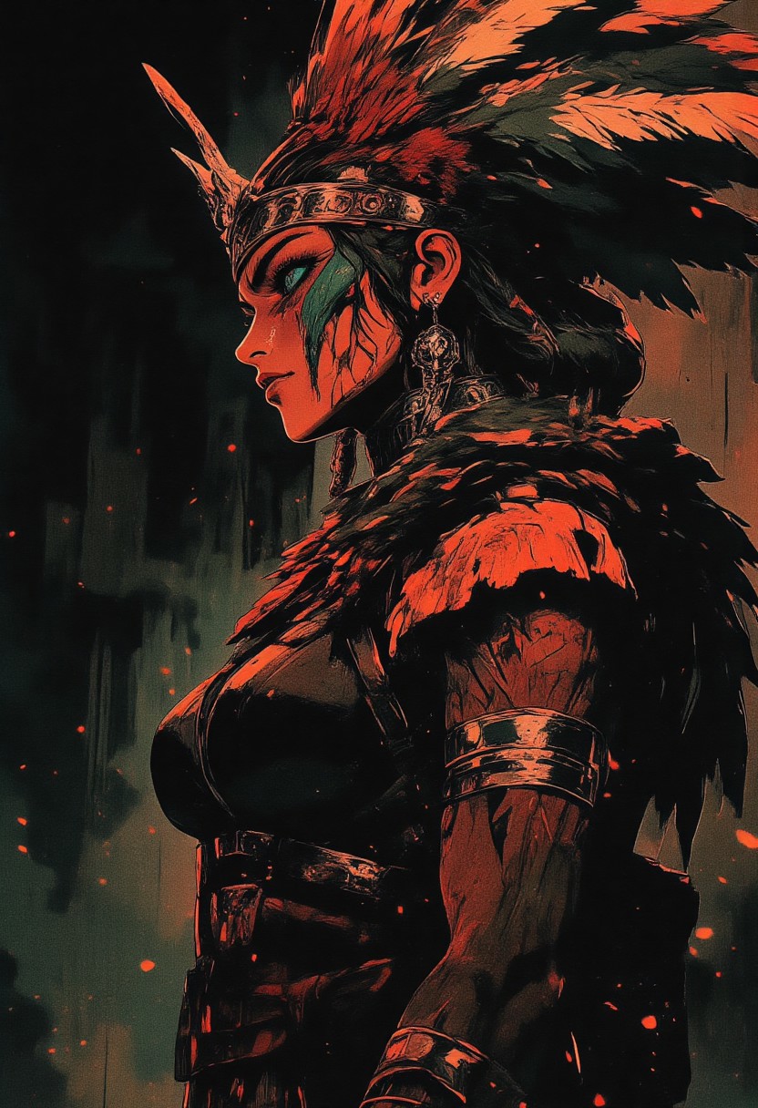Female aztec warrior, tribal, wolf head hat, Revenant, war paint, face paint, eye black, glowing eyes, in profile, toned arms, braided hair, battle damaged armor, large breasts, breast plate, dark and moody background, adds a dramatic tone, subtle lighting reflections, ray traced, foreshortening, particle effect, Holding a sword,