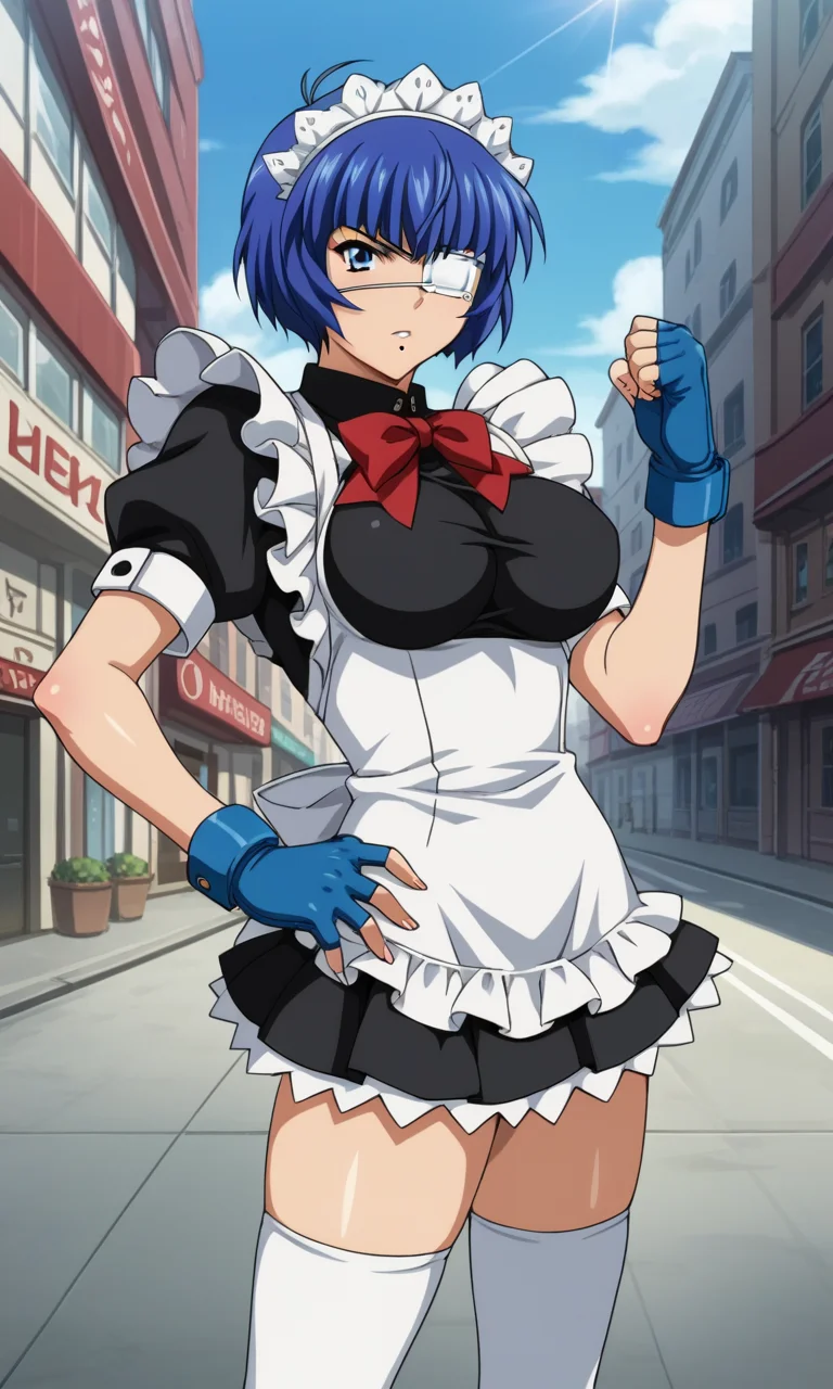 score_9, score_8_up, score_7_up, source_anime, anime_screencap, intricate details, <lora:ryomou_shimei:1>, ryomoxl, short hair, blue hair, medical eyepatch, one mole under mouth, blue eyes, large breasts, maid headdress, maid, maid apron,white apron, blue gloves, fingerless gloves, red neck ribbon, white_thighhighs, street, city, fighting stance, fighting, serious,