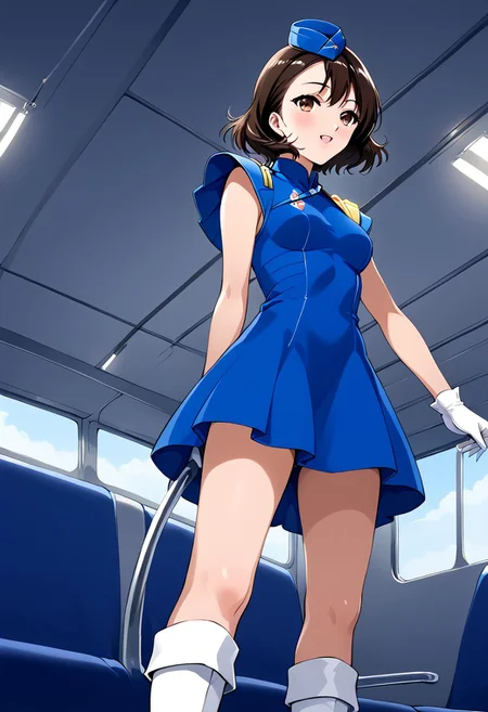 View from below, exelent Quality, very detailed picture, solo, Yumi Omura, medium hair, Brown eyes, medium breast, (suit 03, stewardess, blue dress, short dress, shoulder pads, clothing cut, neckline cut, gloves, garrison cap, white boots), airplane interior, seats, passengers, service cart