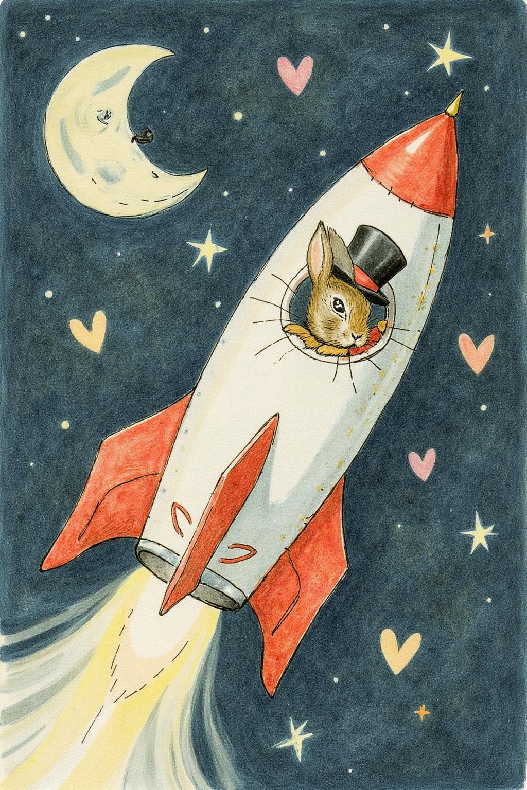 beatrixpotter1 illustration.
A rocket ship in space. There is a rabbit wearing a top hat inside the rocket, visible through a small window. The is a half moon, stars and hearts in the background.
  <lora:beatrixpotter1_d8a4:1.0><lora:867288464024992290:0>