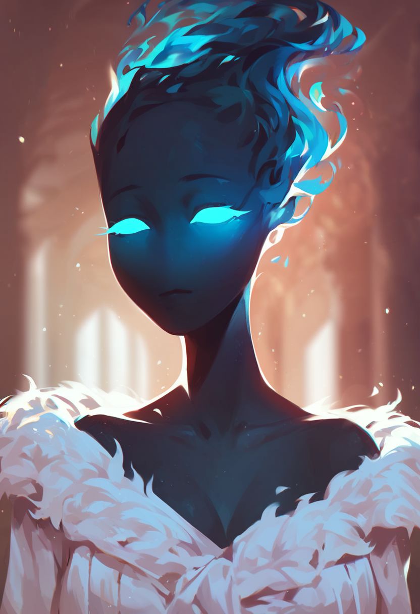 (((beautiful, high quality))), upper Body, score_9, score_8_up, score_7_up, 
FireHuman, black fire, empty eyes, 1girl, black skin, blue eyes, white top,
looking at the viewer, posing, blurred background,