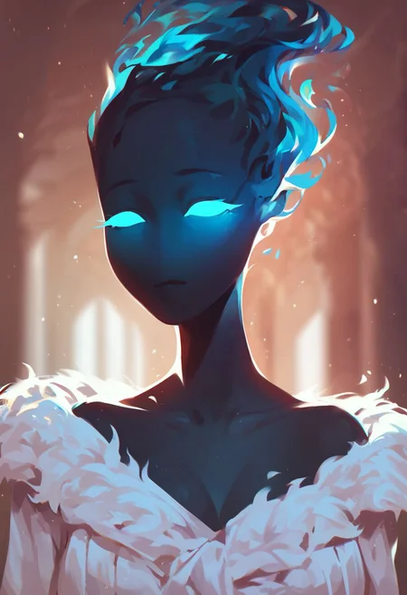 (((beautiful, high quality))), upper Body, score_9, score_8_up, score_7_up,
FireHuman, black fire, empty eyes, 1girl, black skin, blue eyes, white top,
looking at the viewer, posing, blurred background,
