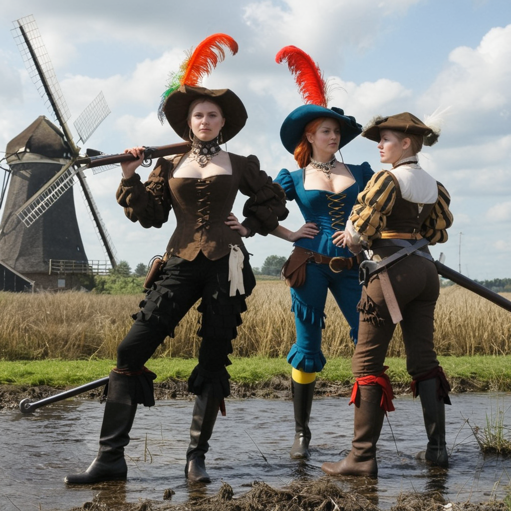 realistic, 3girls, upper body, , massive breasts, shapely, closeup,  dramatic action, dynamic angle, motley, pants, ass, boots, hat, jewelry, plume, (armor:0.5),  sheath, weapon, holding harquebus, antique firearm, l4ndskn3cht,  outdoors, swamp, Dutch windmill in distance, <lora:landsknecht-SDXL:0.8>