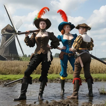 realistic, 3girls, upper body, , massive breasts, shapely, closeup,  dramatic action, dynamic angle, motley, pants, ass, boots, hat, jewelry, plume, (armor:0.5),  sheath, weapon, holding harquebus, antique firearm, l4ndskn3cht,  outdoors, swamp, Dutch windmill in distance, <lora:landsknecht-SDXL:0.8>