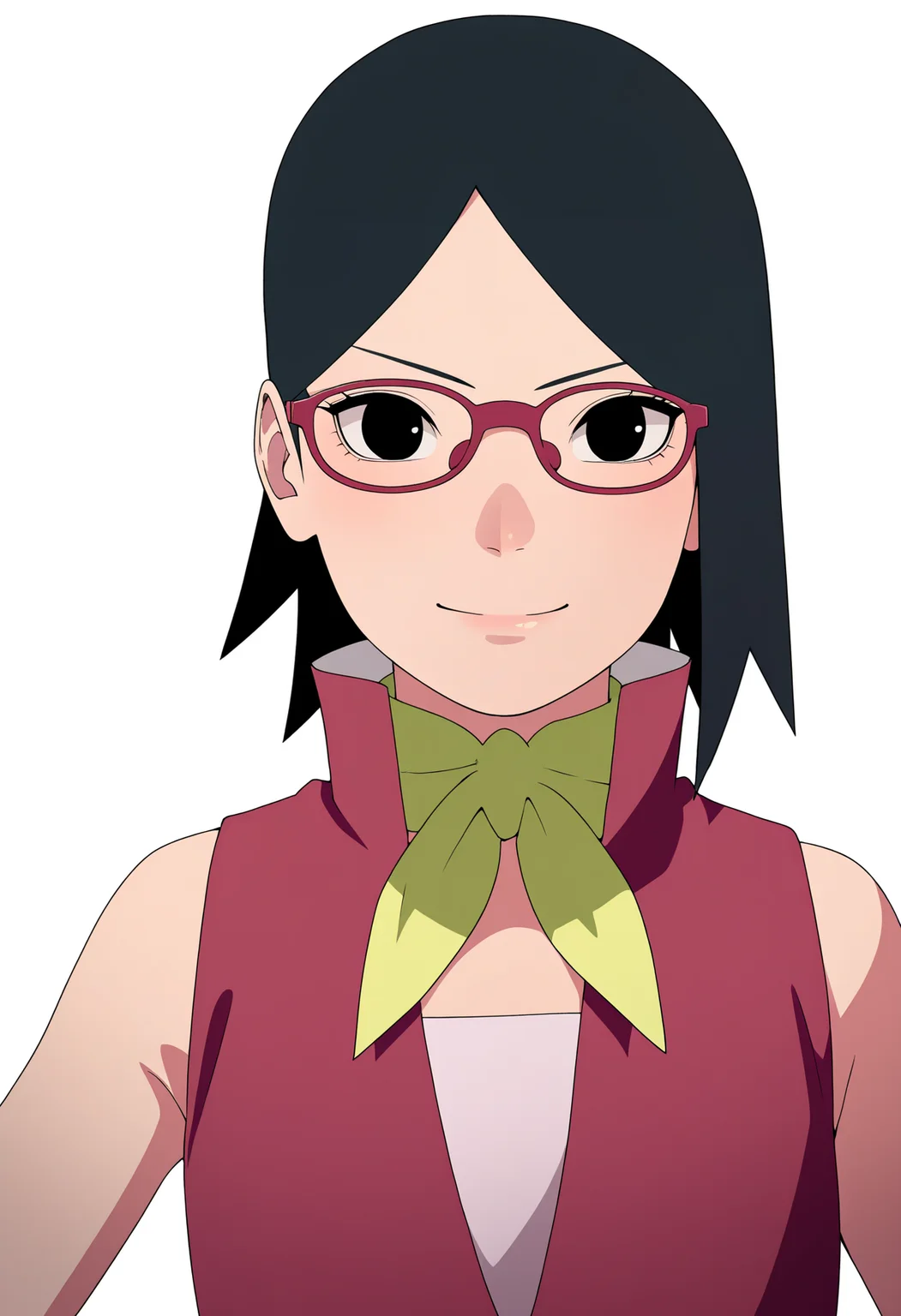 masterpiece, best quality, very aesthetic, absurdres,
1girl, sarada, black eyes, black hair, short hair, glasses, 
red sleeveless dress, ascot,
smile, solo, looking at viewer, simple background, white background,    <lora:SaradaAcademyNoobXL_byKonan:1>