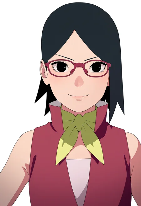 masterpiece, best quality, very aesthetic, absurdres,
1girl, sarada, black eyes, black hair, short hair, glasses, 
red sleeveless dress, ascot,
smile, solo, looking at viewer, simple background, white background,    <lora:SaradaAcademyNoobXL_byKonan:1>