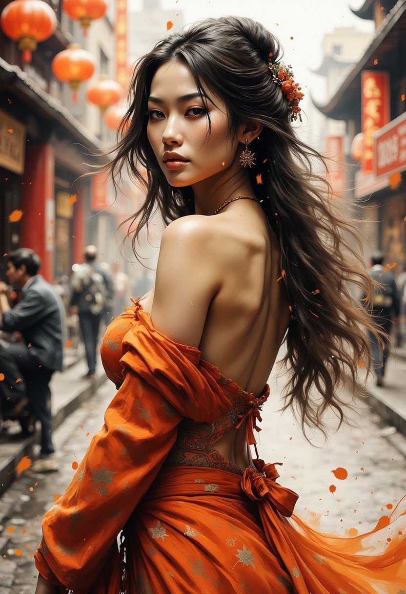 A dinkfsn style ink wash painting,  breathtaking detailed, masterpiece, awe-inspiring, radiant, magnificent. (all dark hues and fine vibrant orange glowing smoldering accent and shiny silver color scheme:1.02), glossy inksplash image. beautiful oriental woman, long hair, backless formal gown, turning to look at viewer, direct sensual gaze, abstract background suggesting busy oriental street