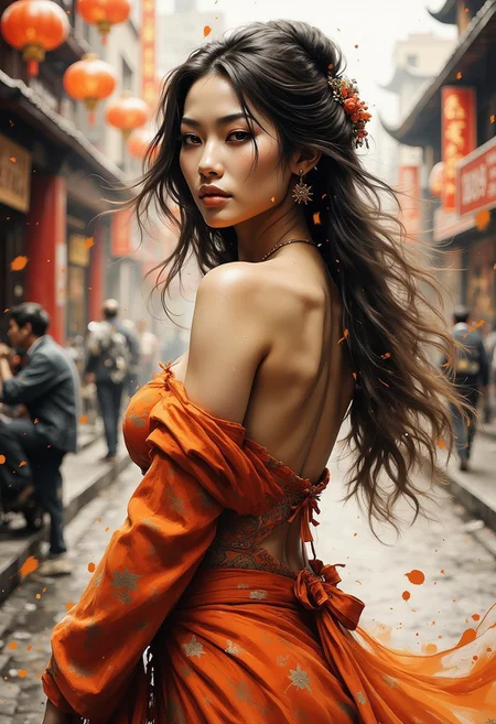 A dinkfsn style ink wash painting, breathtaking detailed, masterpiece, awe-inspiring, radiant, magnificent. (all dark hues and fine vibrant orange glowing smoldering accent and shiny silver color scheme:1.02), glossy inksplash image. beautiful oriental woman, long hair, backless formal gown, turning to look at viewer, direct sensual gaze, abstract background suggesting busy oriental street