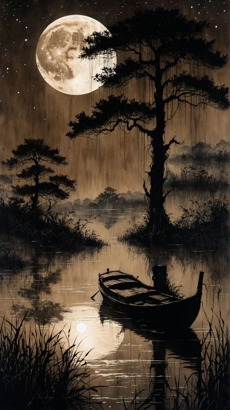 linquivera,  Ink illustration, (anime:0.5), brown tones, aged black red paper, inkpunk, moonlight,surreal, a ghost standing on a boat in swampy wetlands, (at a distance), Will-o'-the-wisp, moonlit, lonely, solitude, windy, tall trees, willows, willowy,  OverallDetail, extremely detailed, UHD,(long exposure , dystopian but extremely beautiful:1.4),<lora:- SDXL - letitflrsh_let_it_flourish_V1.0:0.8> ,<lora:Cute_Collectible:1>, <lora:XL_boss_battle:0.6>  <lora:add-detail-xl:1>,  <lora:Concept Art Twilight Style SDXL_LoRA_Pony Diffusion V6 XL:1>,  <lora:MJ52:1>