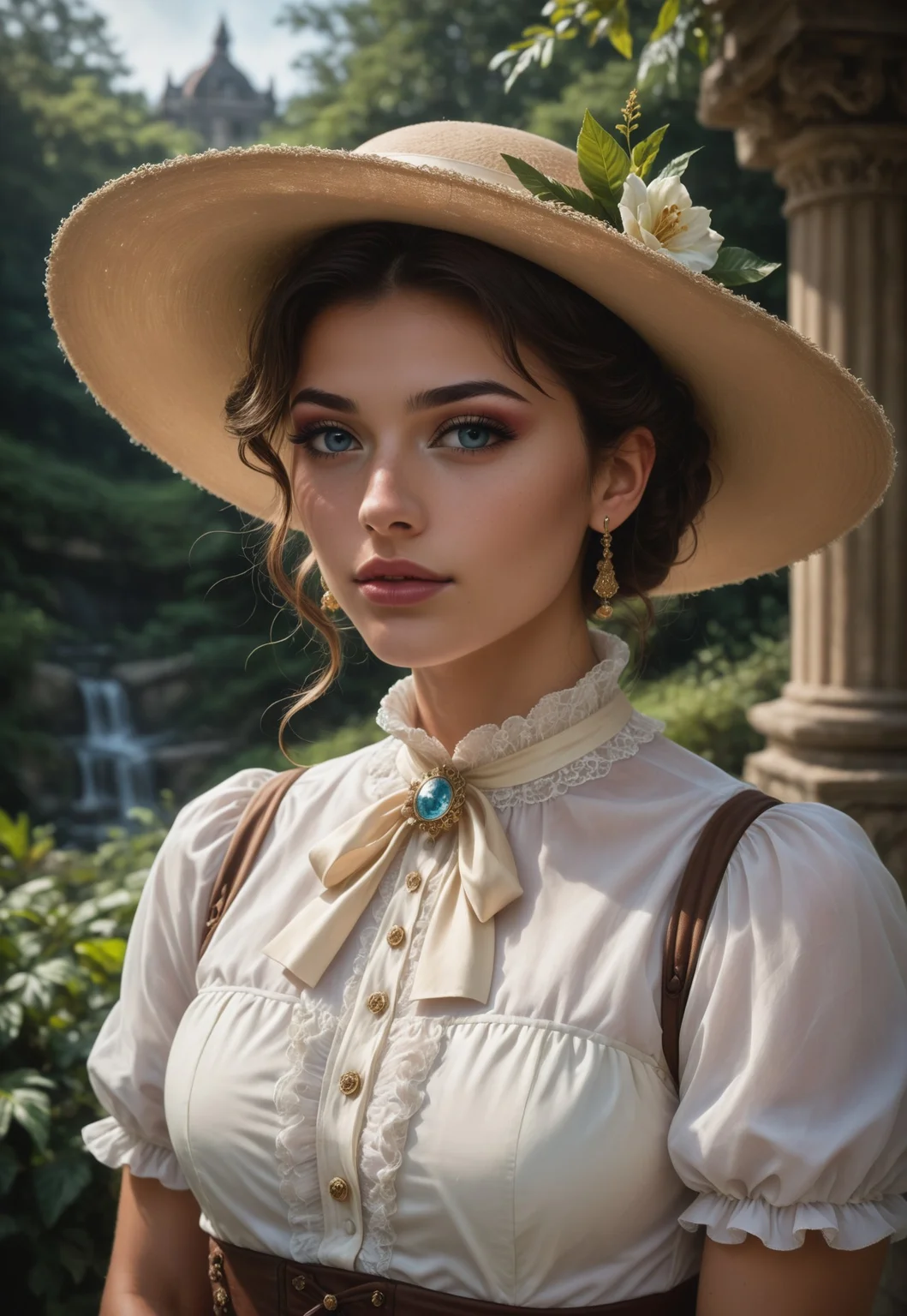 safe_pos, score_9, score_8_up, score_7_up, 1girl, solo, Victorian explorer, elegant Victorian dress with lace and embroidery, antique compass with a brass casing and intricate engravings, long wavy golden hair adorned with a wide-brimmed hat, realistic, cinematic angle, cinematic lighting, slender body, curious face, sparkling blue eyes, adventurous pose
BREAK
exploring a hidden ancient temple
BREAK
source_Victorian_art, rating_explicit, expressive, full body, dynamic pose BREAK detailed beautiful background, mysterious temple ruins with crumbling stone walls and ancient carvings, lush jungle foliage with exotic plants and vines, hidden treasures and artifacts, distant mountains shrouded in mist, adventurous atmosphere with a sense of discovery and mystery
<lora:Expressive_H:0.6>Expressiveh, (SimplepositiveXLv1:1.3), (((upper body, full clothed:1.85))) ((masterpiece)) (ultra realistic, 32k, masterpiece:1.2), (high detailed skin:1.1), (high quality:1.1) (((full clothed))) <lora:DandonFuga_Style_v.2_-_Pony:0.8>
(8k uhd:1,4)
<lora:add-detail-xl:1>
<lora:Dynamic Poses:1>