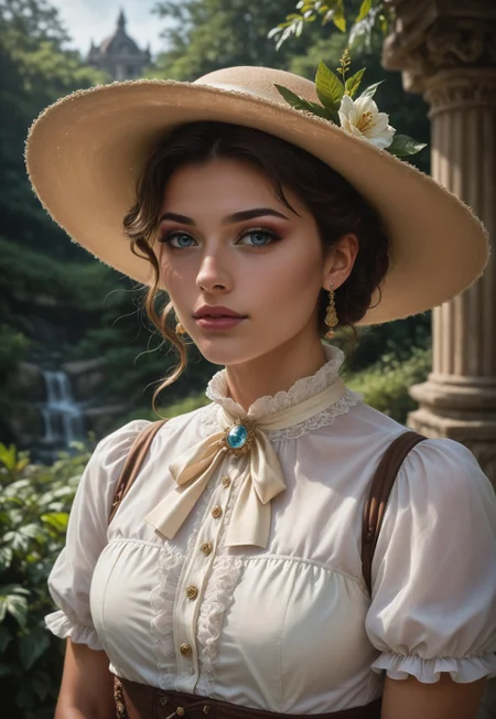 safe_pos, score_9, score_8_up, score_7_up, 1girl, solo, Victorian explorer, elegant Victorian dress with lace and embroidery, antique compass with a brass casing and intricate engravings, long wavy golden hair adorned with a wide-brimmed hat, realistic, cinematic angle, cinematic lighting, slender body, curious face, sparkling blue eyes, adventurous pose 
BREAK 
exploring a hidden ancient temple 
BREAK 
source_Victorian_art, rating_explicit, expressive, full body, dynamic pose BREAK detailed beautiful background, mysterious temple ruins with crumbling stone walls and ancient carvings, lush jungle foliage with exotic plants and vines, hidden treasures and artifacts, distant mountains shrouded in mist, adventurous atmosphere with a sense of discovery and mystery 
<lora:Expressive_H:0.6>Expressiveh, (SimplepositiveXLv1:1.3), (((upper body, full clothed:1.85))) ((masterpiece)) (ultra realistic, 32k, masterpiece:1.2), (high detailed skin:1.1), (high quality:1.1) (((full clothed))) <lora:DandonFuga_Style_v.2_-_Pony:0.8> 
(8k uhd:1,4) 
<lora:add-detail-xl:1> 
<lora:Dynamic Poses:1>