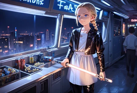 rV interior, recreational vehicle interior, anime coloring, score_9, score_8_up, score_7_up, score_6_up, 1girl , Vaylin, solo, solo focus, blonde, braid, blue eyes, indoors, standing, lightsaber, weapon, holding, single braid, white tunic, gold trim, black pants, zettai ryouiki, sleeves past fingers, solo, lips, night, denim, can, leather, bioluminescent, leather jacket, cyberpunk, city, vending machine, neon lights, general, smug,