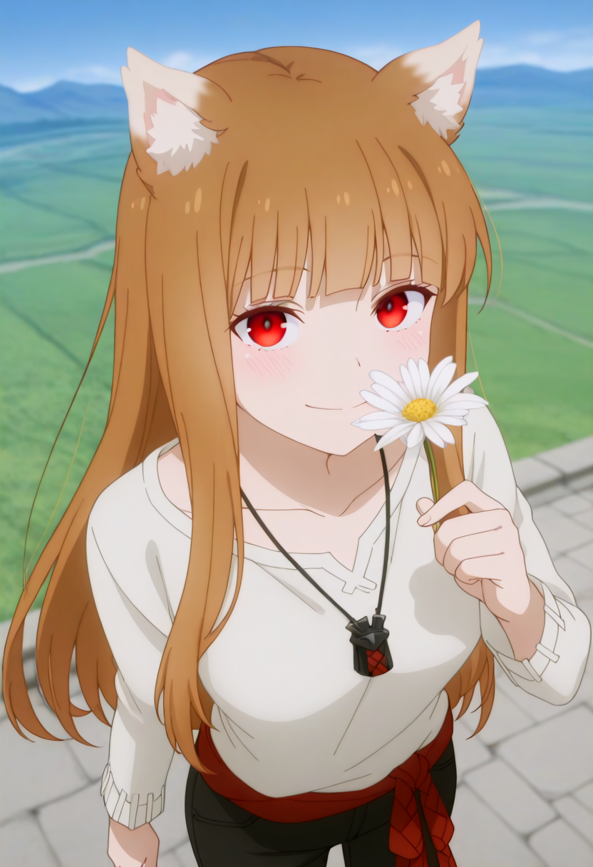 holooutfit3, 1girl, long brown hair, bangs, red eyes, fox ears, medium breast, | white shirt, long sleeves, loose shirt, black pants, cropped pants, necklace, pendant, red braided sash, 
 <lora:Holo_IL:1>,
 (Character), score_9,score_8_up,score_7_up,very aesthetic,source_anime,detailed,high quality,beautiful,masterpiece,detailed eyes,highres,best quality,masterpiece,outdoors,looking at viewer,blush,smile,holding flower,from above,floating,blue sky.