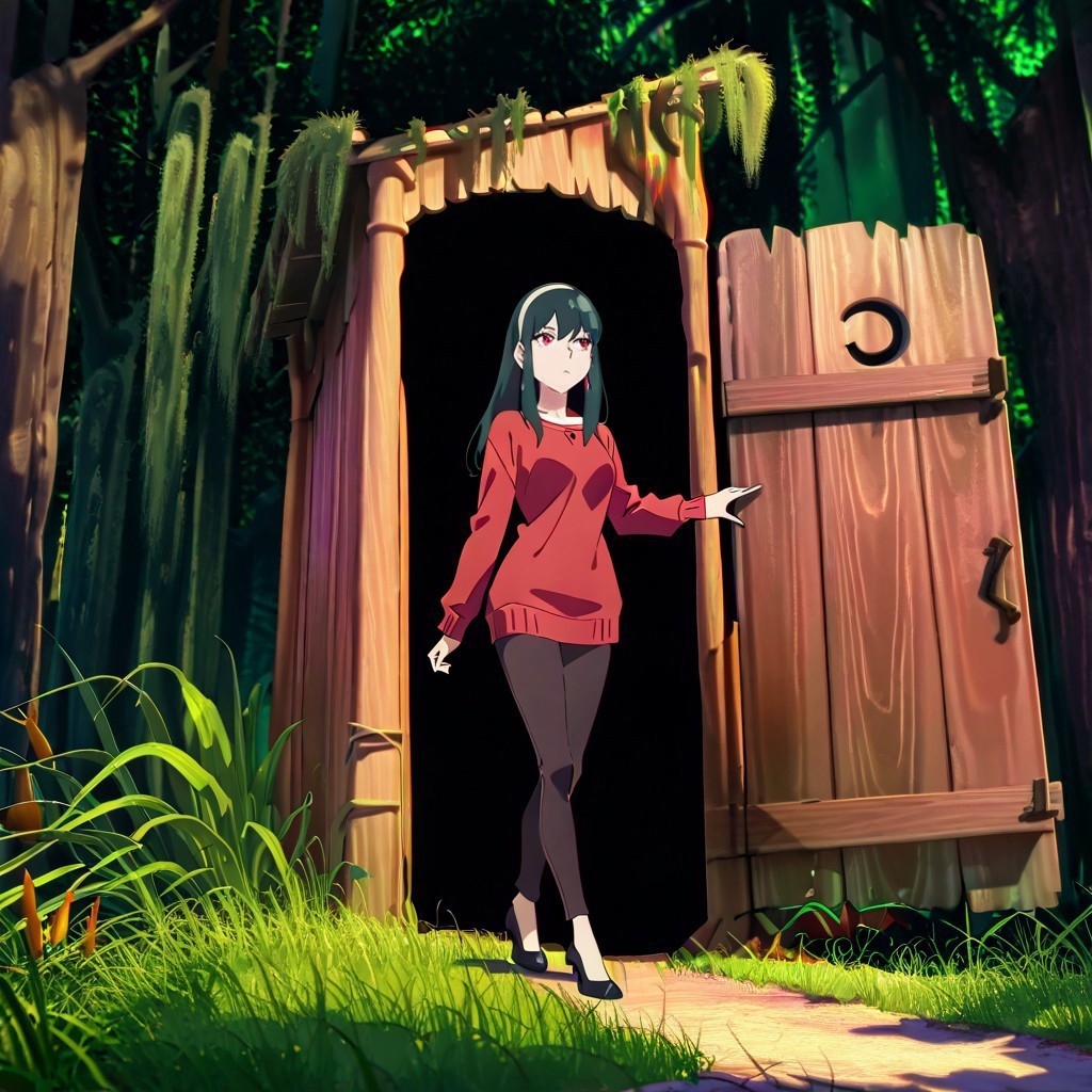 masterpiece, best quality, newest, absurdres, highres, anime, anime style, Shrek's-Outhouse-IL.V1.0, outdoors, moss, plant, nature, forest, Outhouse-closed door, Outhouse-open door, opening door, 1girl, yor_forger, spy_x_family, black_hair, red_eyes, red sweater


