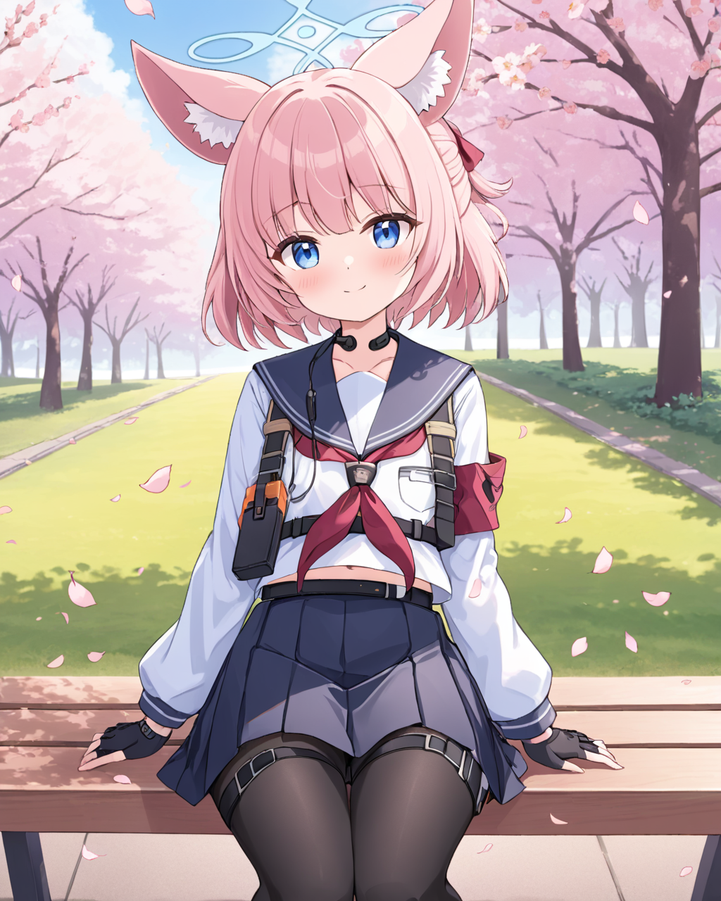 niko \(blue archive\),1girl, halo, solo, fingerless_gloves, looking_at_viewer, smile, sitting, long_sleeves, animal_ear_fluff, black_gloves, black_pantyhose, sailor_collar, armband, cherry_blossoms, white_shirt, shoulder_holster, bench, feet_out_of_frame, pleated_skirt, belt_pouch, black_skirt, closed_mouth, red_neckerchief, blush, white_serafuku, belt, outdoors, falling_petals
<lora:niko_(blue_archive)_image432_2023-12-03:1>halo. gorgeous,key visual, vibrant, studio anime,award-winning, professional, highly detailed,high budget, cinemascope