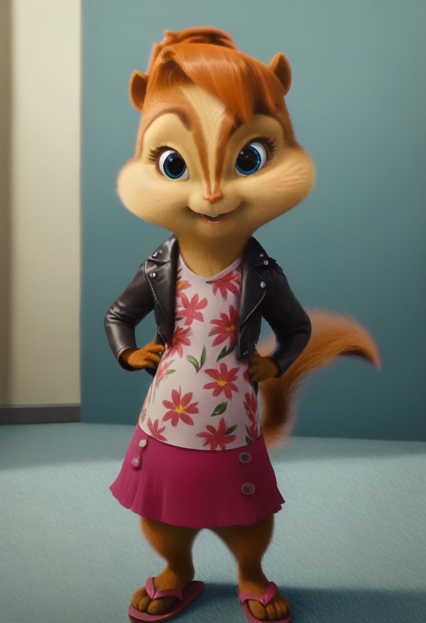 score_9, score_8_up, score_7, score_6, detailed background, indoors , lounge, windows, painted walls, brittany miller, chipmunk, furry, short ears, white floral shirt, black leather jacket, floral mini skirt, sandals, standing, hand on hip, peace sign, looking at viewer, front view, cute smile, 6 inches tall