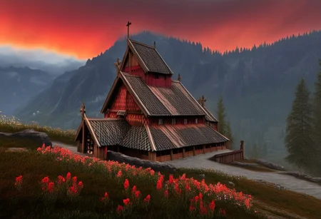 Stave church, little stave church, simple stave church, Norway, norwegian landscape, norwegian nature, forest, valley, evening, night, sunset, red sky, red clouds, stars, moon, psychedelic colors, flowers, psychedelic, beautiful scenery, beautiful view
