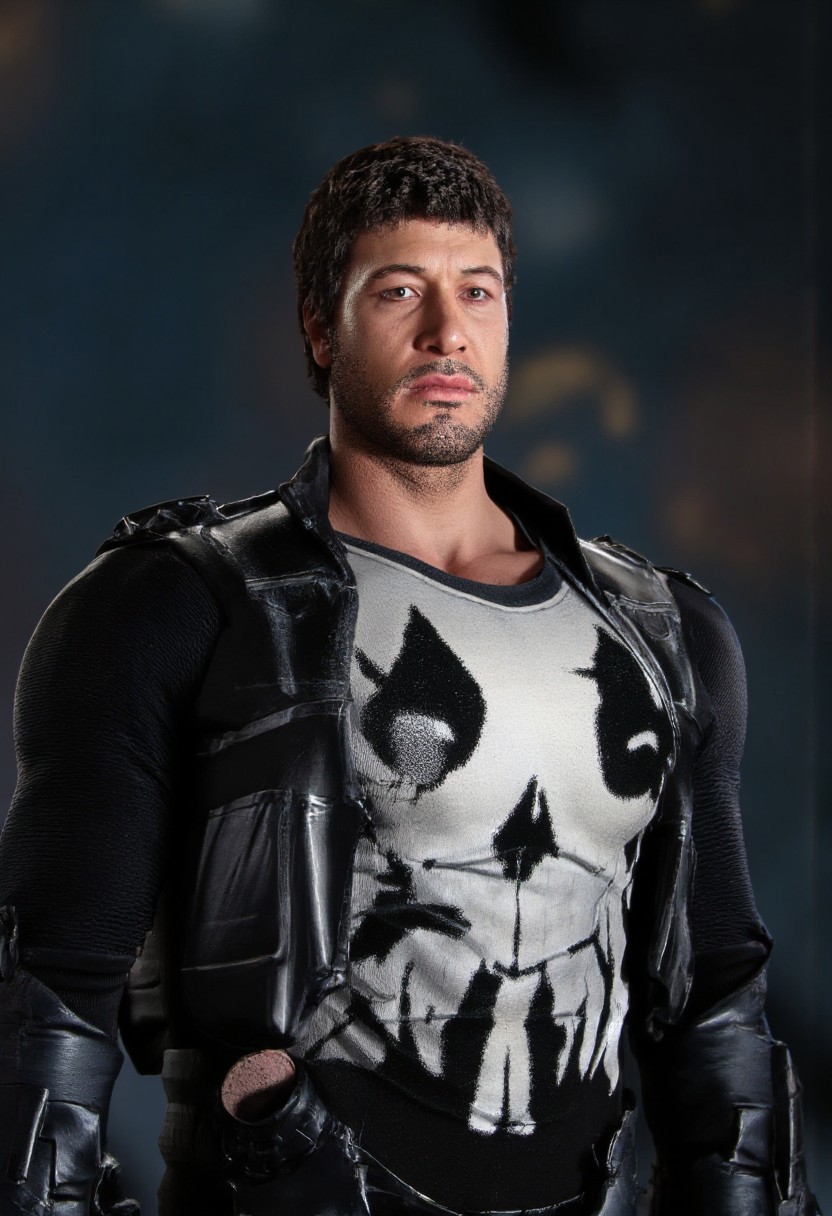 high angle camera view from above and at a distance, realism, perfection style, bosstyle, skin texture style, Photo Quality Frank Castle Male Face with a stubbled Black beard, Caucasion Skin, Chort Black Military style haircut, detailed, facial expression style, High details face, High detailed Eyes, Full Body view, The Punisher Battle Worn White dirty Skull Motif painted on the chest of his Man in Gothic armour, futuristic, Jet Black with Black Trim Exosuit, Heavy Mech, Dynamic Aggressive Combat Pose, Exosuit, Extremely Low V cut top, Power Armor, futuristic, Tactical Futuristic Samurai Sword, Perfect hand, Fighting a Dragon, Heavy Mech, Armor Color Jet Black with Black Trim and a dirty white Skull Motif painted on the chest, Robot, Full body, Ready to strike, futuristic, (off-center composition, left aligned, Portrait),  Detailed hand, battle-worn, Gothic Neon Cyberpunk Night City Cityscape Background, cinematic film still glamorous photo dark art by Rafael Zabaleta, expressionism art by Asger Jorn, vibrant, Abstract expressionism, experimental painting techniques, bold bright colors, dynamic compositions, Expressionism, emotive brushwork, brilliant tones, dramatic lighting, introspective themes. high fashion, luxurious, extravagant, stylish, sensual, opulent, elegance, stunning beauty, professional, high contrast, detailed. shallow depth of field, vignette, highly detailed, high budget, bokeh, cinemascope, moody, epic, gorgeous, film grain, grainy